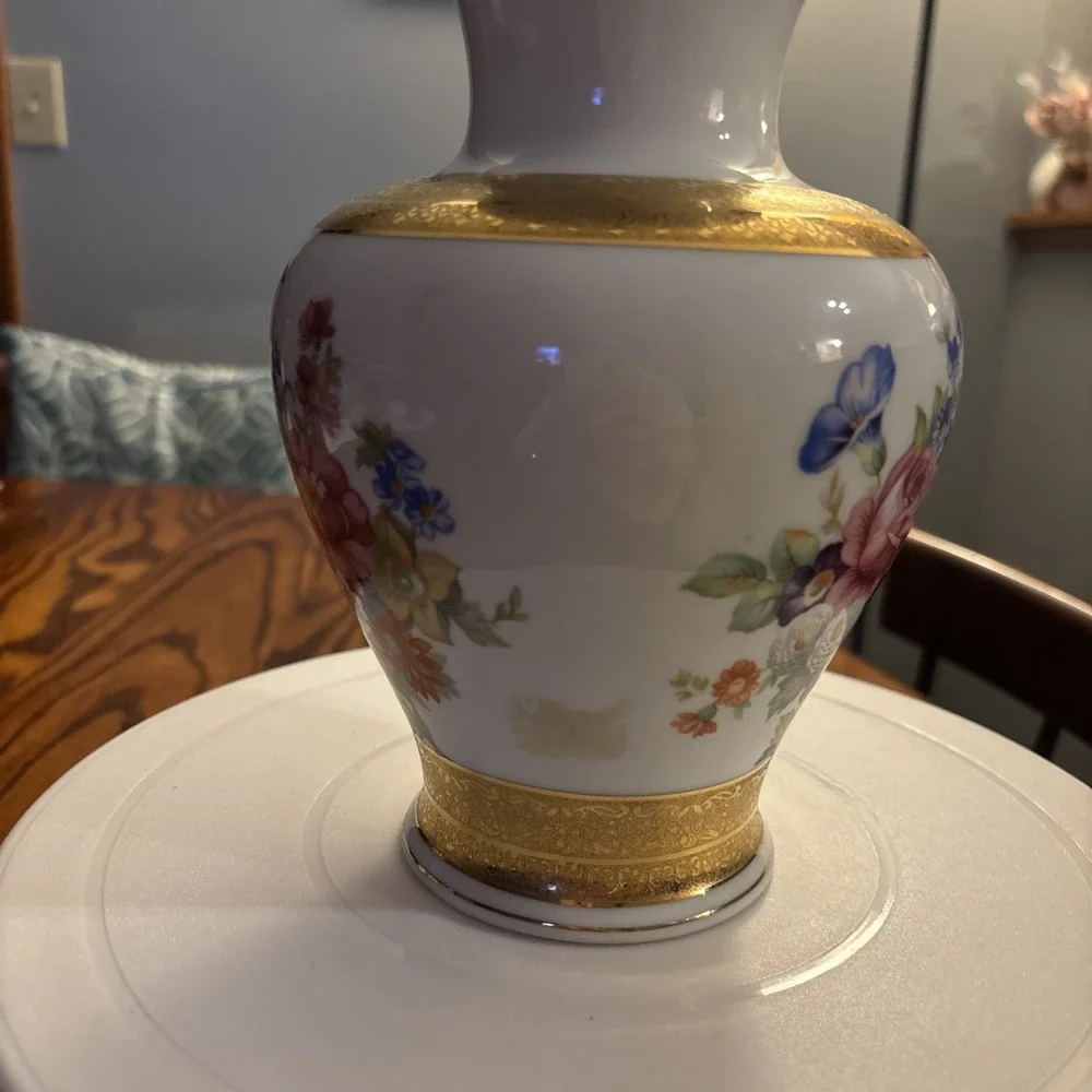 Vintage Apulum Alba luia Romainian Porcelain Vase Dresden Floral Gold Trim 1970